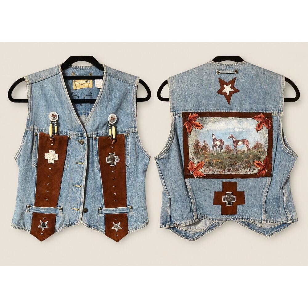 Vintage Liz Claiborne Lizwear Upscaled Denim Vest Western Horse Theme Sz Medium